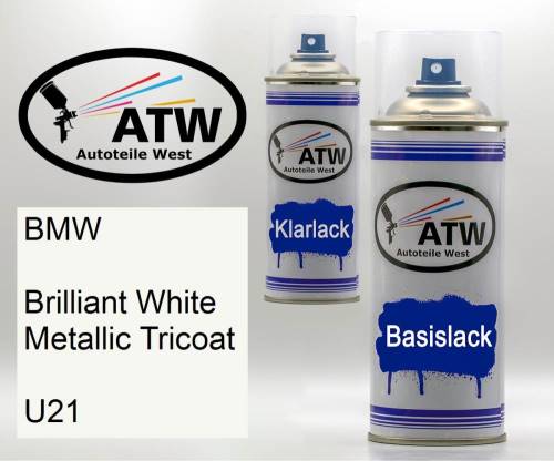 BMW, Brilliant White Metallic Tricoat, U21: 400ml Sprühdose + 400ml Klarlack - Set, von ATW Autoteile West.